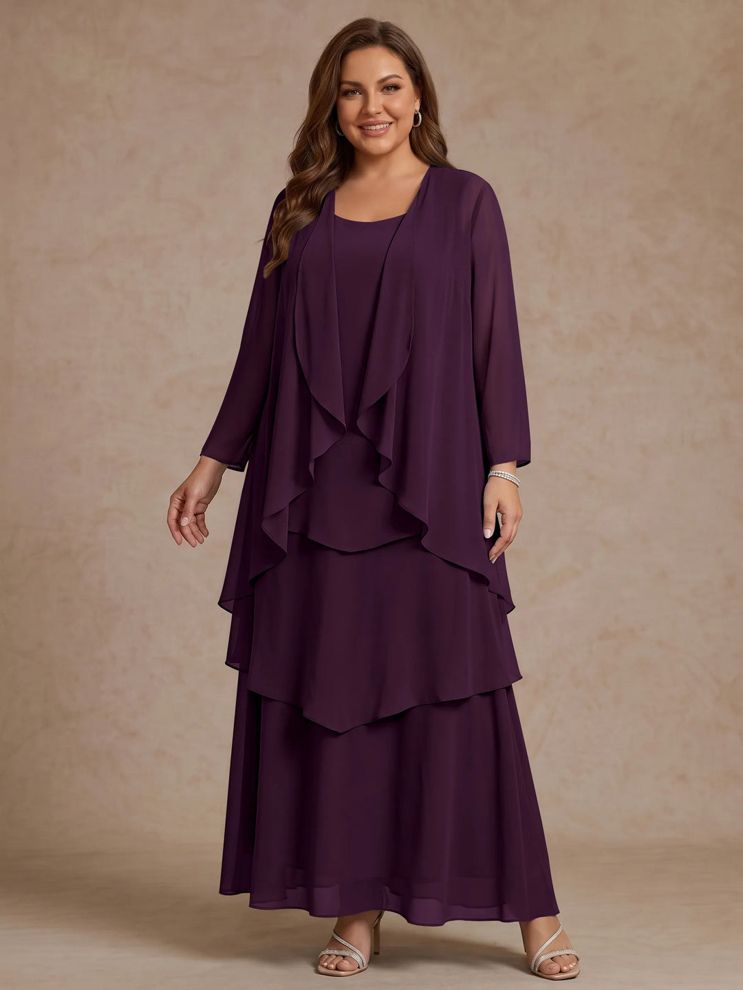 Robe Mère de la Mariée, Grande Taille, Ligne A/Princesse, Col Rond, Manches Longues, Longueur de la Cheville, Mousseline