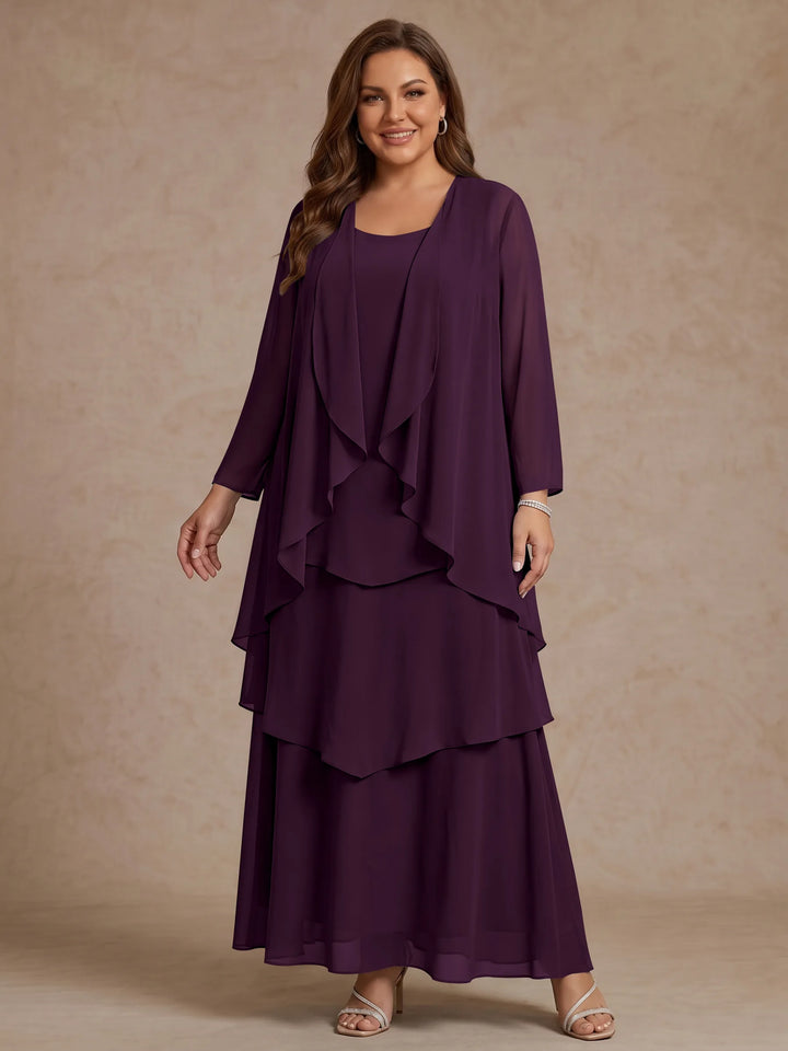 Robe Mère de la Mariée, Grande Taille, Ligne A/Princesse, Col Rond, Manches Longues, Longueur de la Cheville, Mousseline