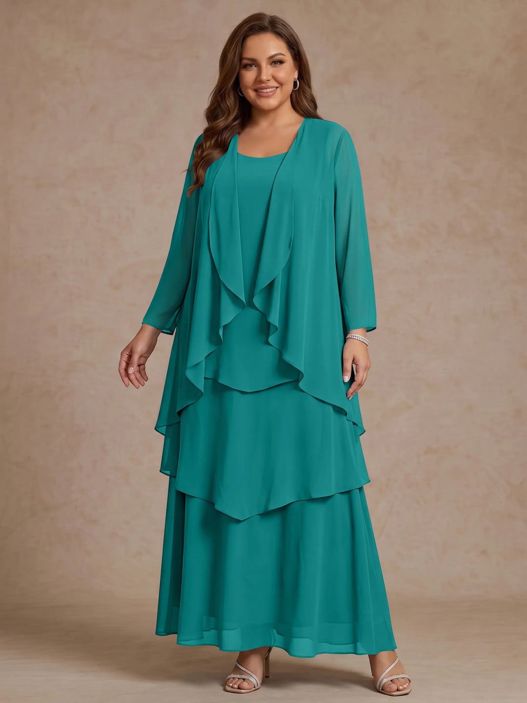 Robe Mère de la Mariée, Grande Taille, Ligne A/Princesse, Col Rond, Manches Longues, Longueur de la Cheville, Mousseline