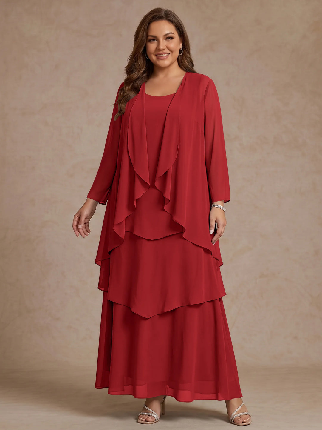 Robe Mère de la Mariée, Grande Taille, Ligne A/Princesse, Col Rond, Manches Longues, Longueur de la Cheville, Mousseline