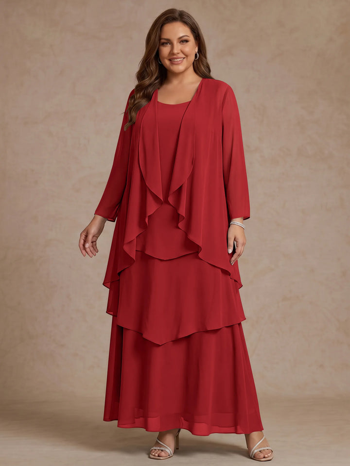 Robe Mère de la Mariée, Grande Taille, Ligne A/Princesse, Col Rond, Manches Longues, Longueur de la Cheville, Mousseline