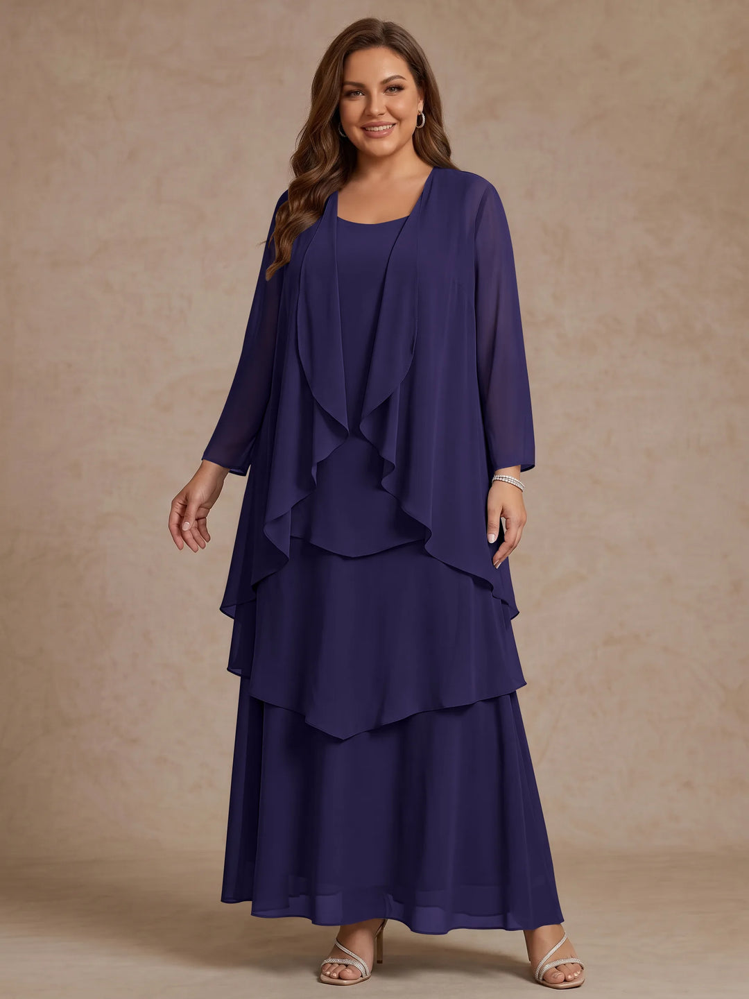 Robe Mère de la Mariée, Grande Taille, Ligne A/Princesse, Col Rond, Manches Longues, Longueur de la Cheville, Mousseline
