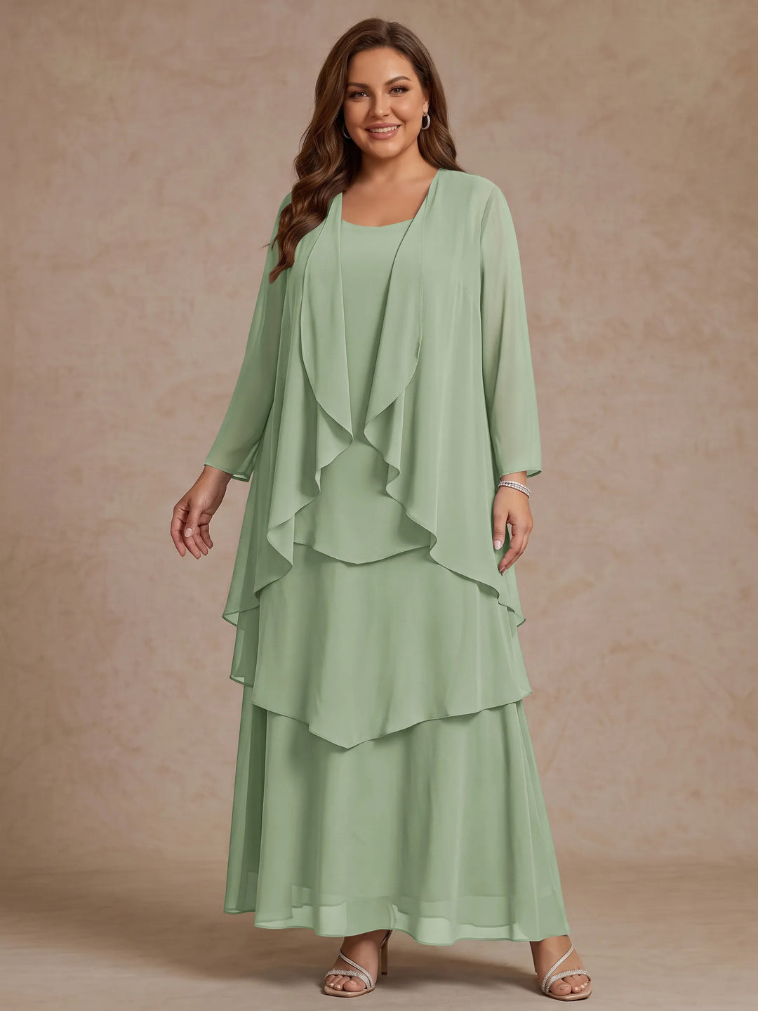 Robe Mère de la Mariée, Grande Taille, Ligne A/Princesse, Col Rond, Manches Longues, Longueur de la Cheville, Mousseline