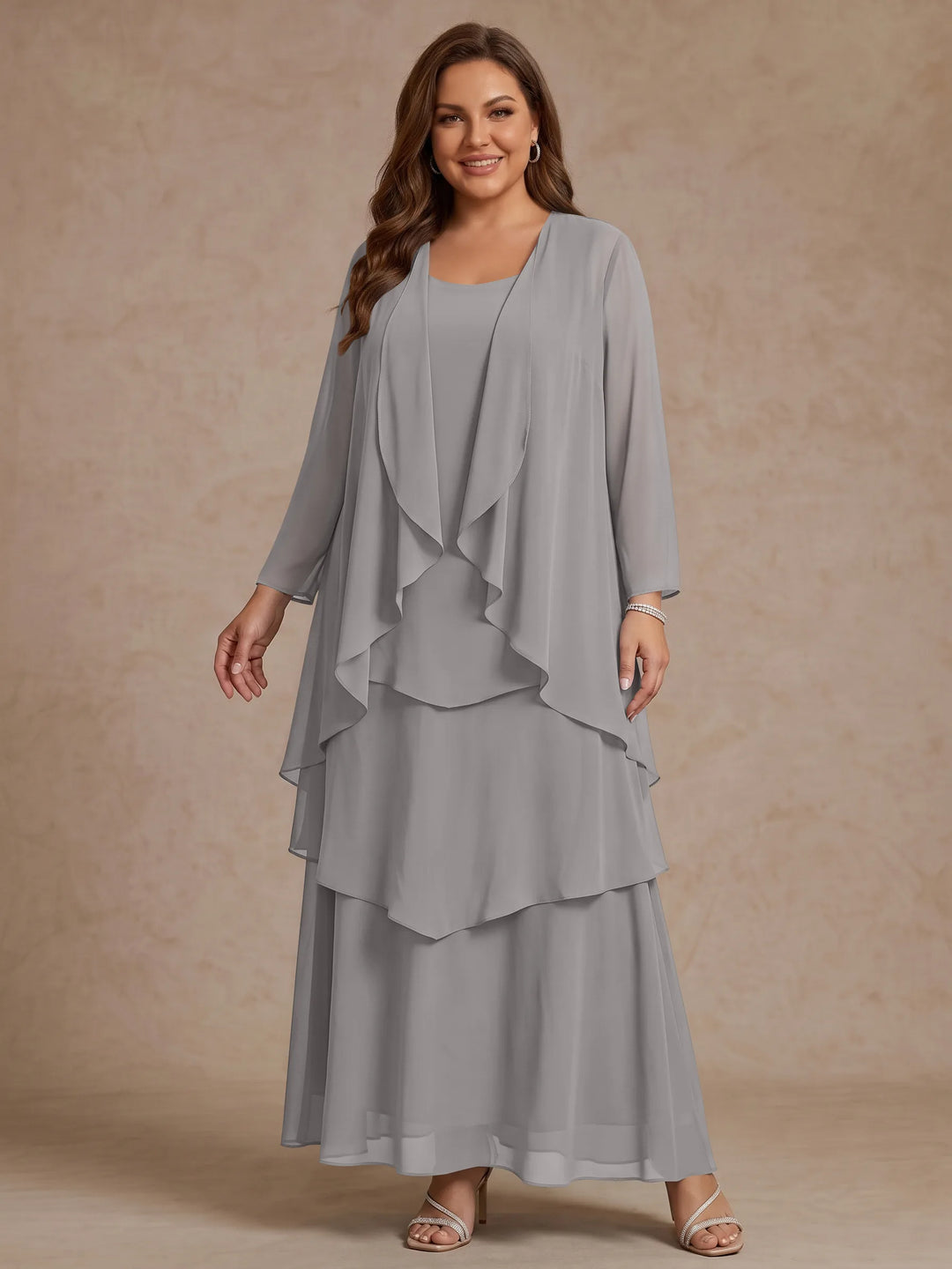 Robe Mère de la Mariée, Grande Taille, Ligne A/Princesse, Col Rond, Manches Longues, Longueur de la Cheville, Mousseline