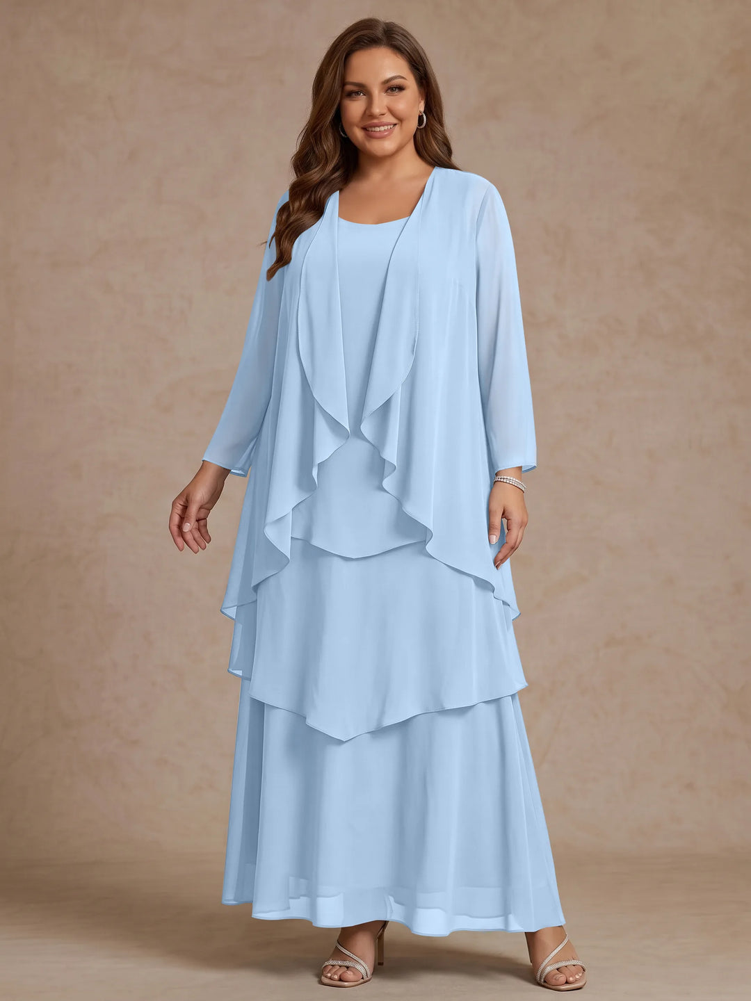 Robe Mère de la Mariée, Grande Taille, Ligne A/Princesse, Col Rond, Manches Longues, Longueur de la Cheville, Mousseline