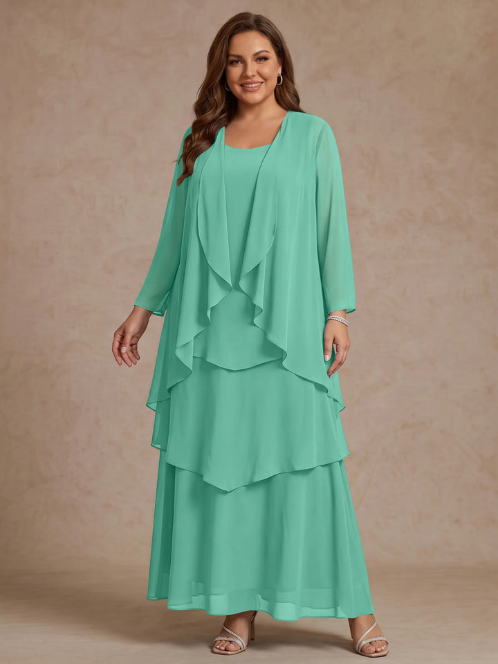 Robe Mère de la Mariée, Grande Taille, Ligne A/Princesse, Col Rond, Manches Longues, Longueur de la Cheville, Mousseline