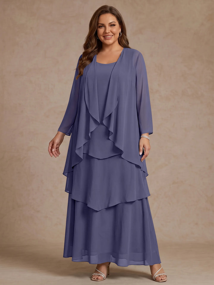 Robe Mère de la Mariée, Grande Taille, Ligne A/Princesse, Col Rond, Manches Longues, Longueur de la Cheville, Mousseline