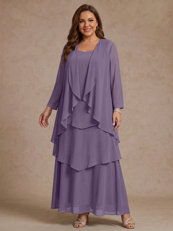 Robe Mère de la Mariée, Grande Taille, Ligne A/Princesse, Col Rond, Manches Longues, Longueur de la Cheville, Mousseline