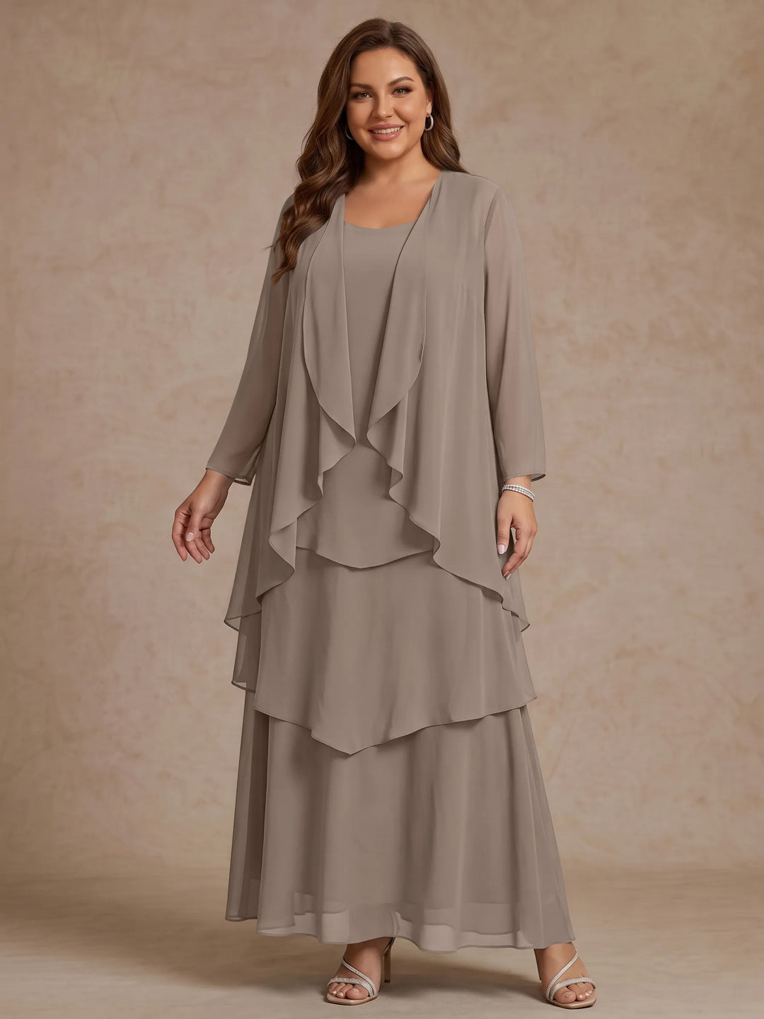 Robe Mère de la Mariée, Grande Taille, Ligne A/Princesse, Col Rond, Manches Longues, Longueur de la Cheville, Mousseline