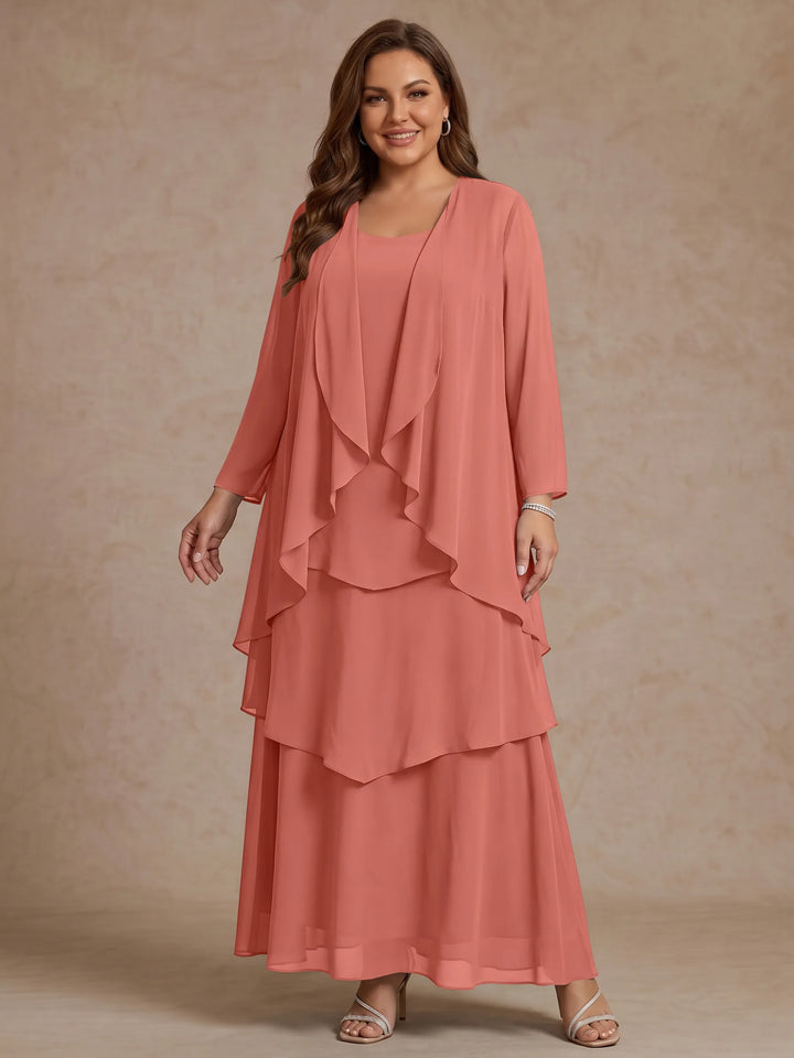 Robe Mère de la Mariée, Grande Taille, Ligne A/Princesse, Col Rond, Manches Longues, Longueur de la Cheville, Mousseline