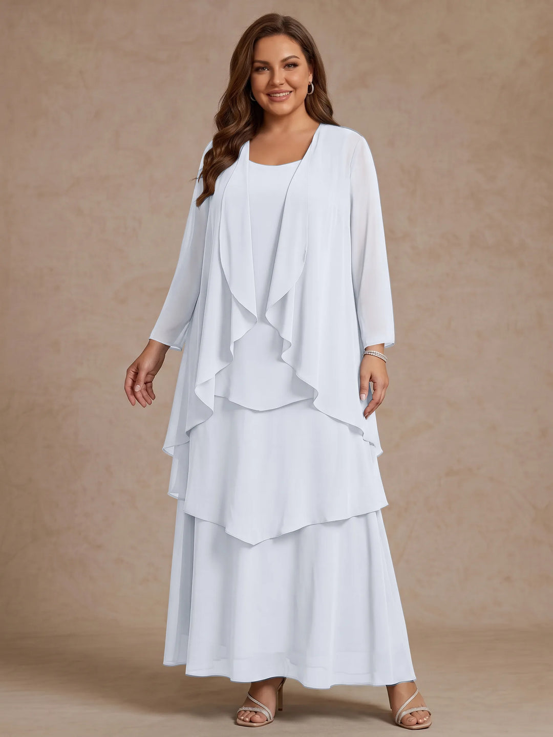 Robe Mère de la Mariée, Grande Taille, Ligne A/Princesse, Col Rond, Manches Longues, Longueur de la Cheville, Mousseline