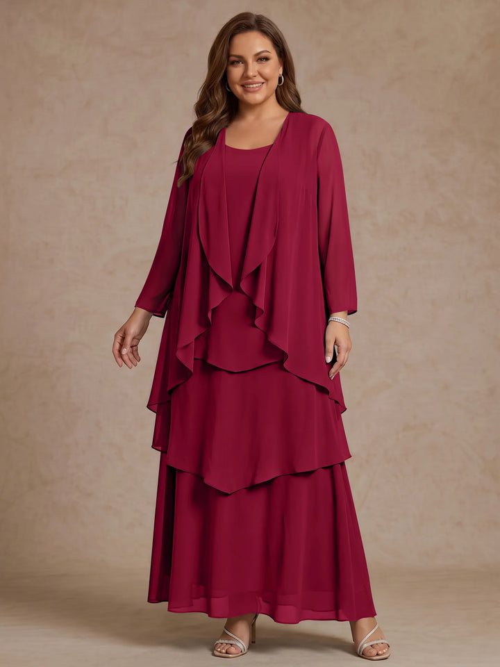 Robe Mère de la Mariée, Grande Taille, Ligne A/Princesse, Col Rond, Manches Longues, Longueur de la Cheville, Mousseline