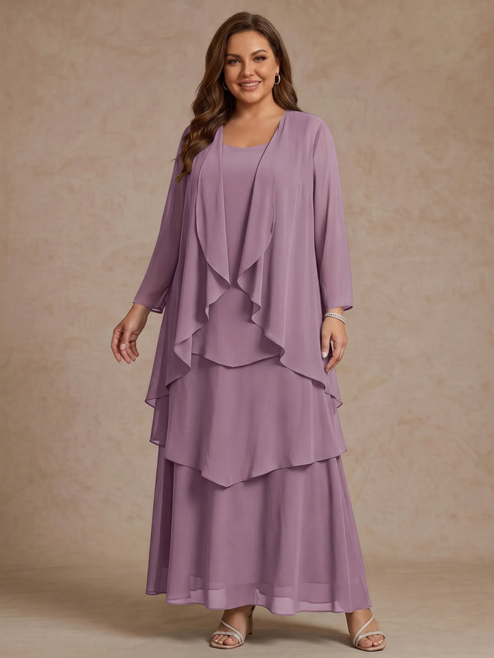 Robe Mère de la Mariée, Grande Taille, Ligne A/Princesse, Col Rond, Manches Longues, Longueur de la Cheville, Mousseline