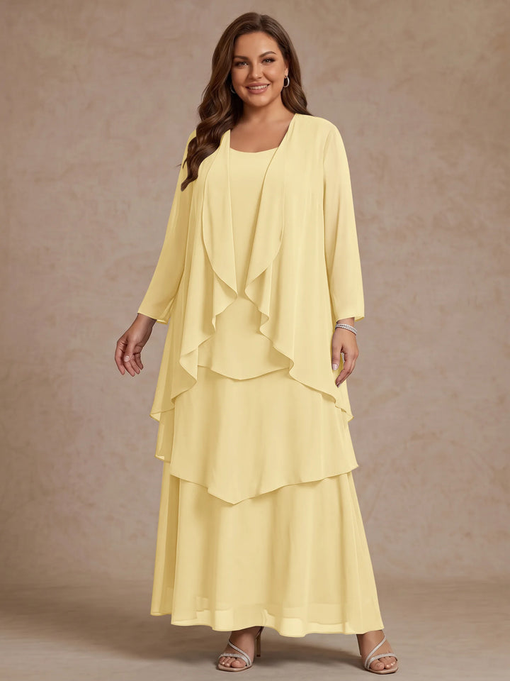 Robe Mère de la Mariée, Grande Taille, Ligne A/Princesse, Col Rond, Manches Longues, Longueur de la Cheville, Mousseline
