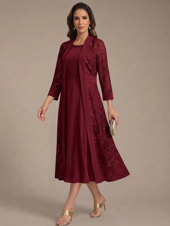 Robe Mère de la Mariée, Forme A/Princesse, Col Rond, Mousseline, avec Veste en Dentelle, Manches 3/4, Longueur du Thé