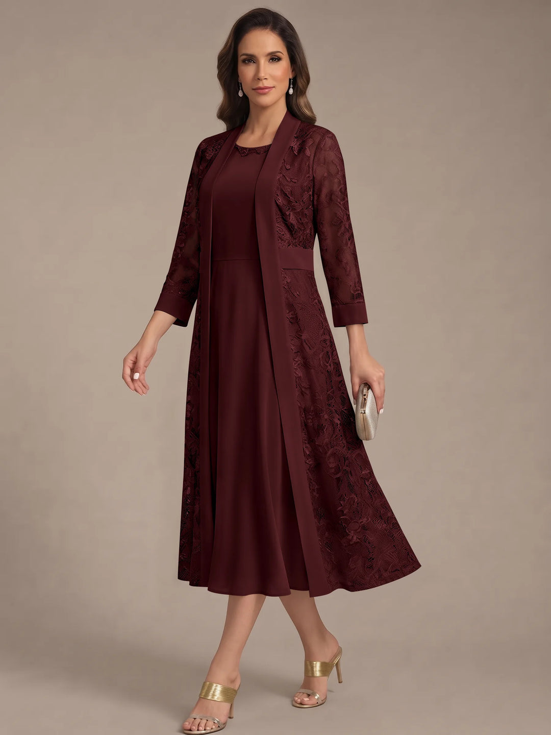 Robe Mère de la Mariée, Forme A/Princesse, Col Rond, Mousseline, avec Veste en Dentelle, Manches 3/4, Longueur du Thé