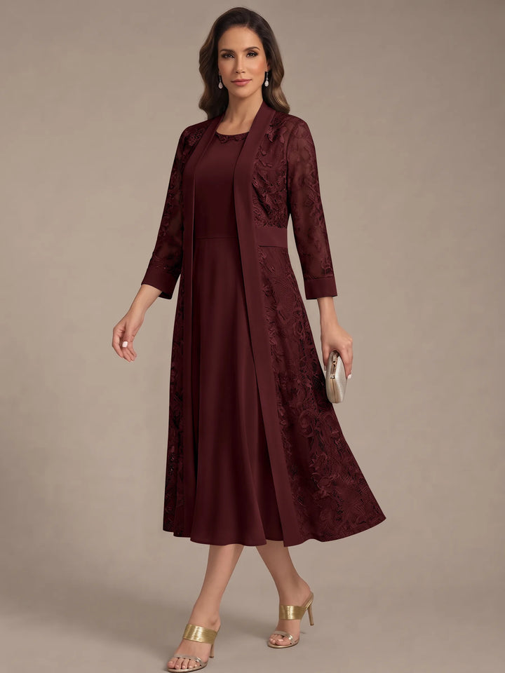 Robe Mère de la Mariée, Forme A/Princesse, Col Rond, Mousseline, avec Veste en Dentelle, Manches 3/4, Longueur du Thé