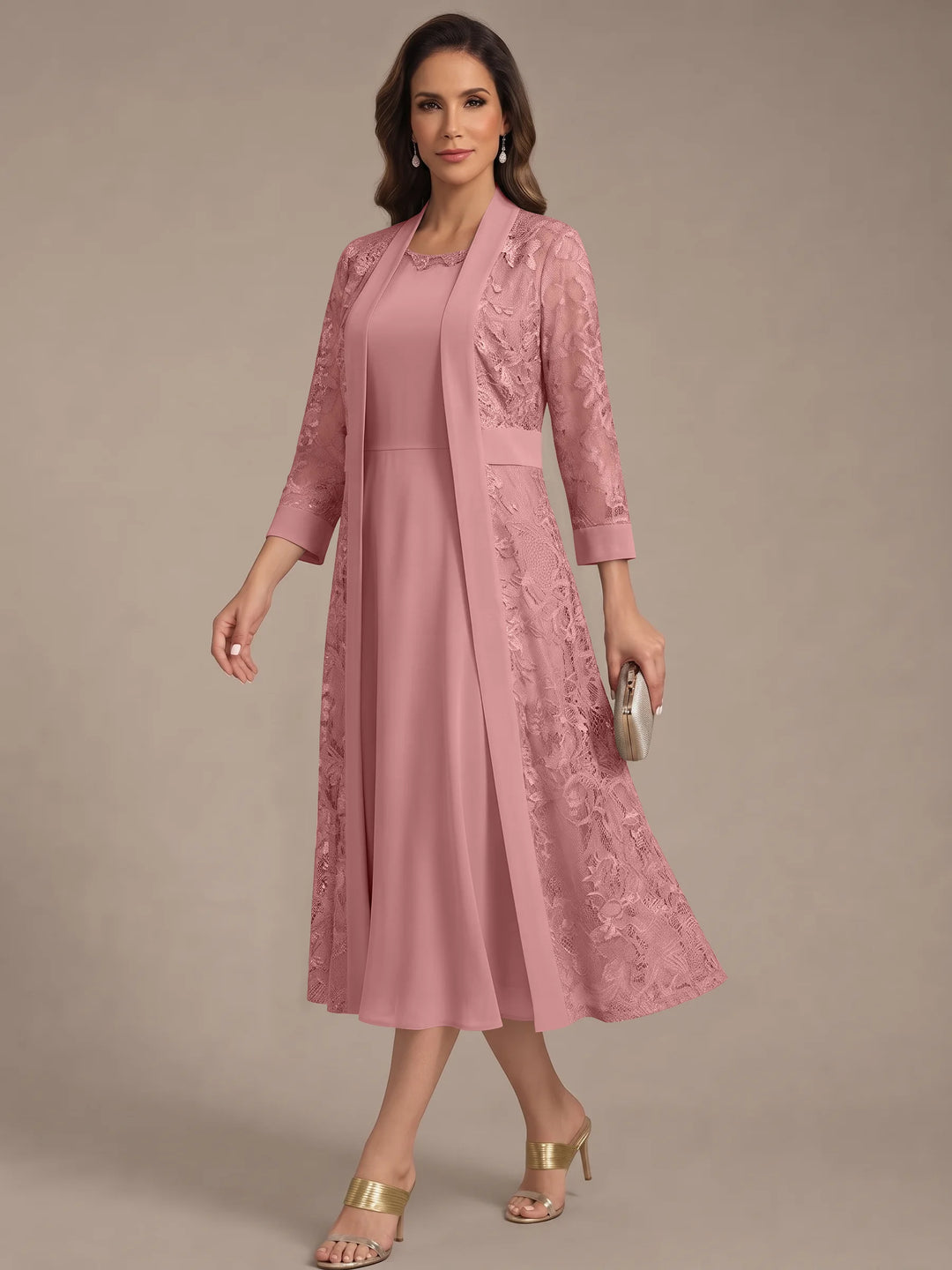 Robe Mère de la Mariée, Forme A/Princesse, Col Rond, Mousseline, avec Veste en Dentelle, Manches 3/4, Longueur du Thé