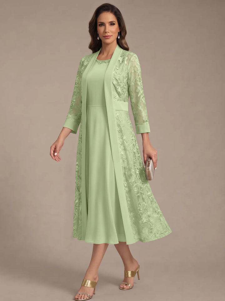 Robe Mère de la Mariée, Forme A/Princesse, Col Rond, Mousseline, avec Veste en Dentelle, Manches 3/4, Longueur du Thé