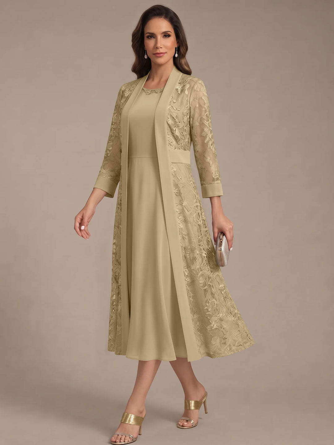 Robe Mère de la Mariée, Forme A/Princesse, Col Rond, Mousseline, avec Veste en Dentelle, Manches 3/4, Longueur du Thé