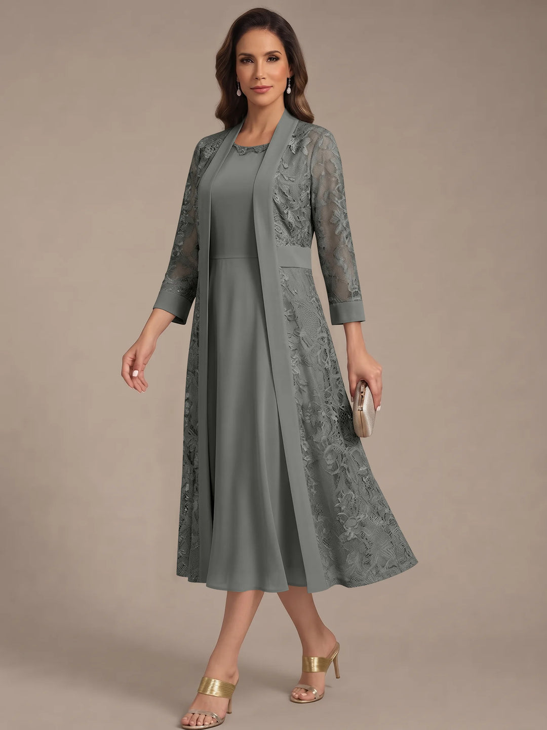 Robe Mère de la Mariée, Forme A/Princesse, Col Rond, Mousseline, avec Veste en Dentelle, Manches 3/4, Longueur du Thé