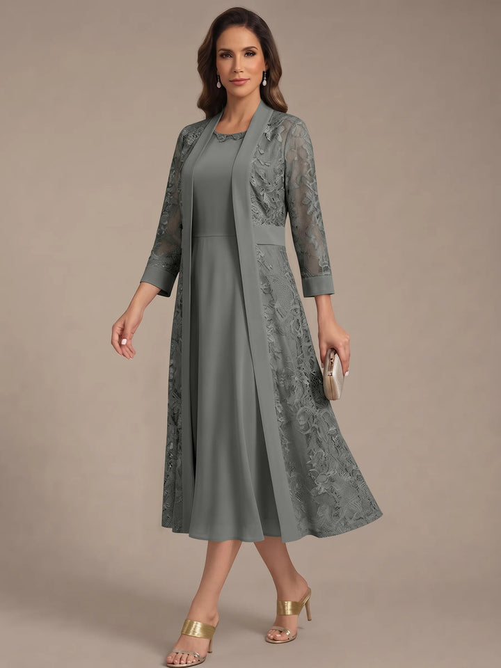 Robe Mère de la Mariée, Forme A/Princesse, Col Rond, Mousseline, avec Veste en Dentelle, Manches 3/4, Longueur du Thé