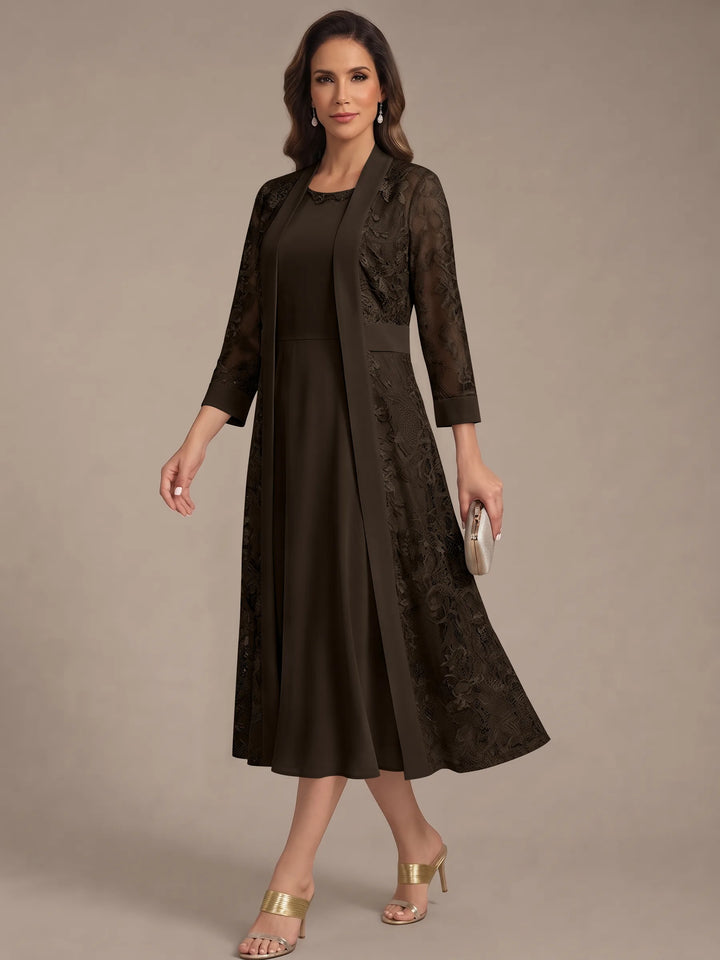 Robe Mère de la Mariée, Forme A/Princesse, Col Rond, Mousseline, avec Veste en Dentelle, Manches 3/4, Longueur du Thé