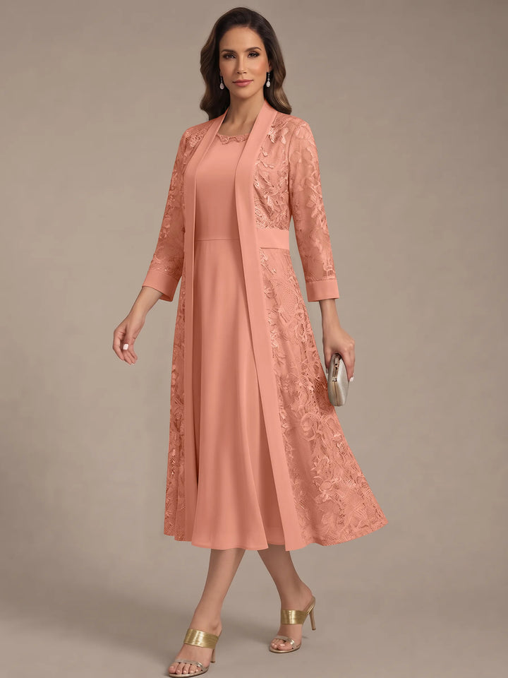 Robe Mère de la Mariée, Forme A/Princesse, Col Rond, Mousseline, avec Veste en Dentelle, Manches 3/4, Longueur du Thé