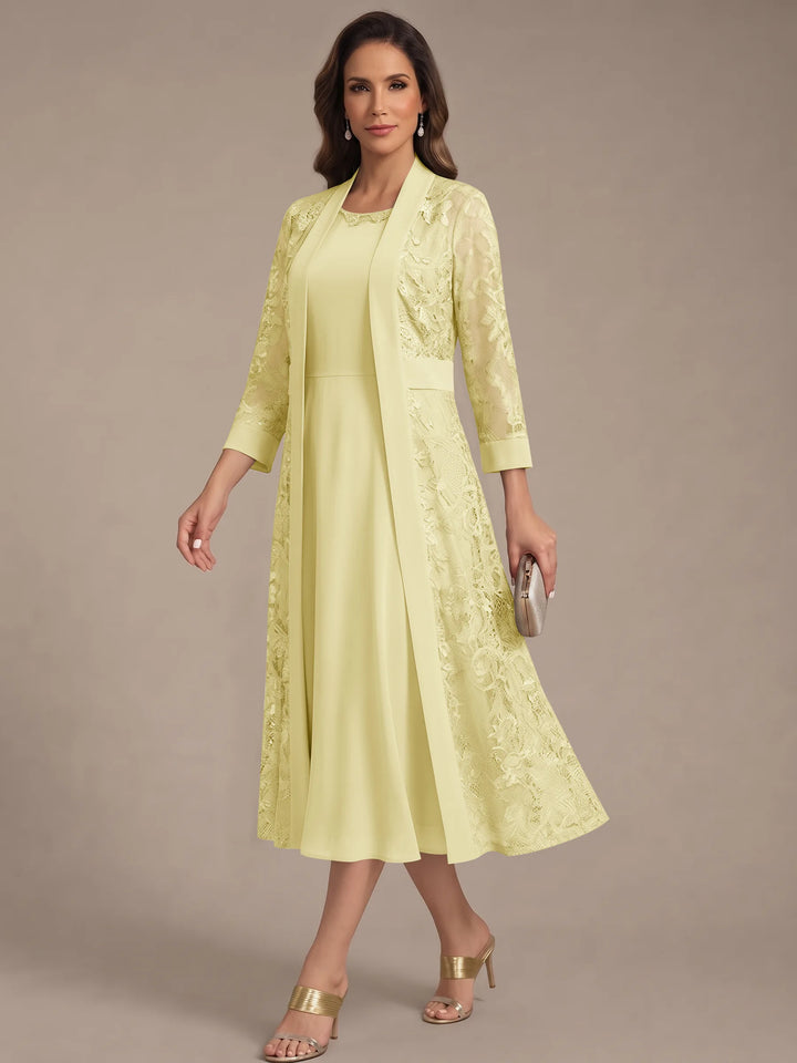 Robe Mère de la Mariée, Forme A/Princesse, Col Rond, Mousseline, avec Veste en Dentelle, Manches 3/4, Longueur du Thé