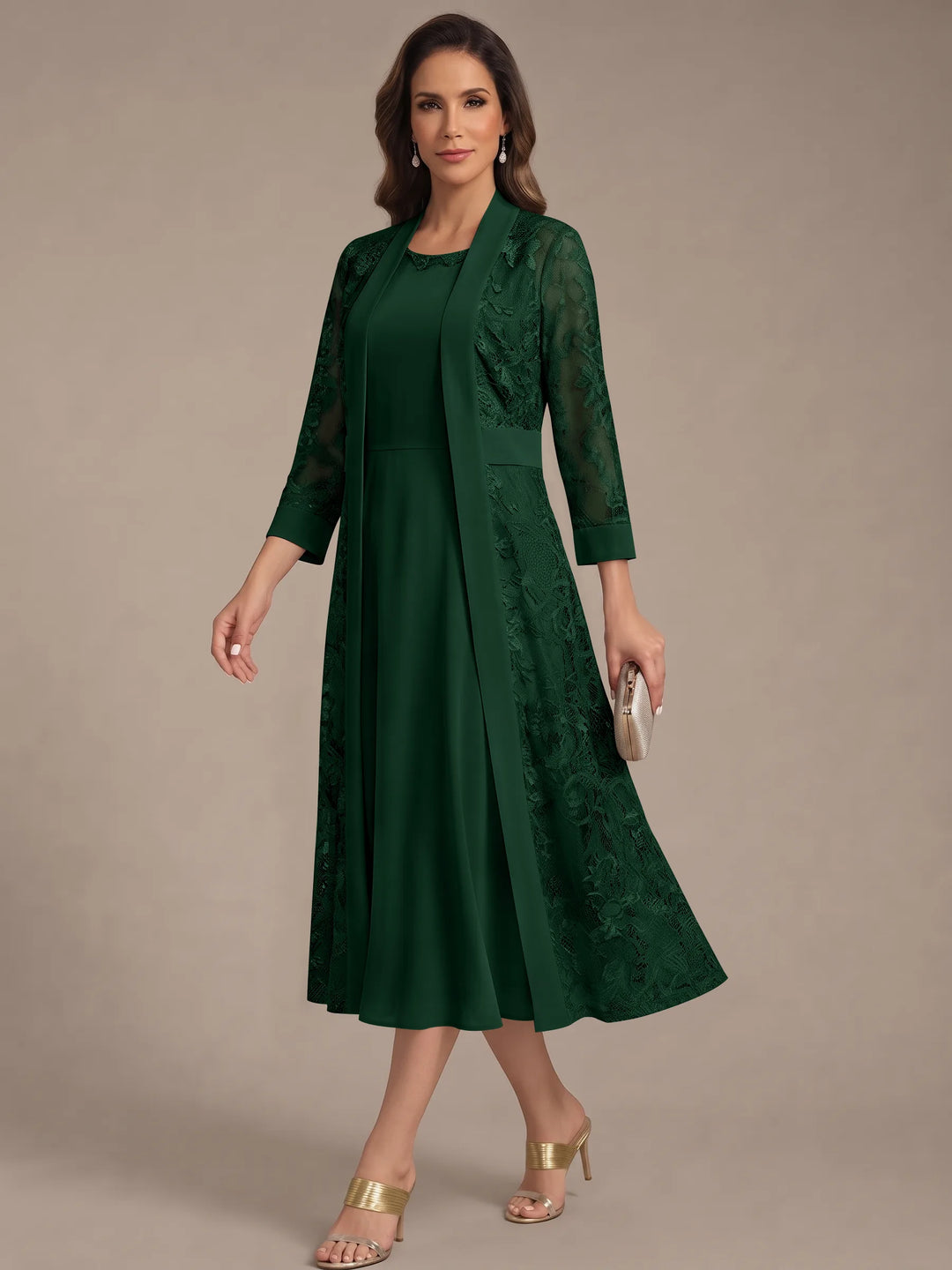Robe Mère de la Mariée, Forme A/Princesse, Col Rond, Mousseline, avec Veste en Dentelle, Manches 3/4, Longueur du Thé