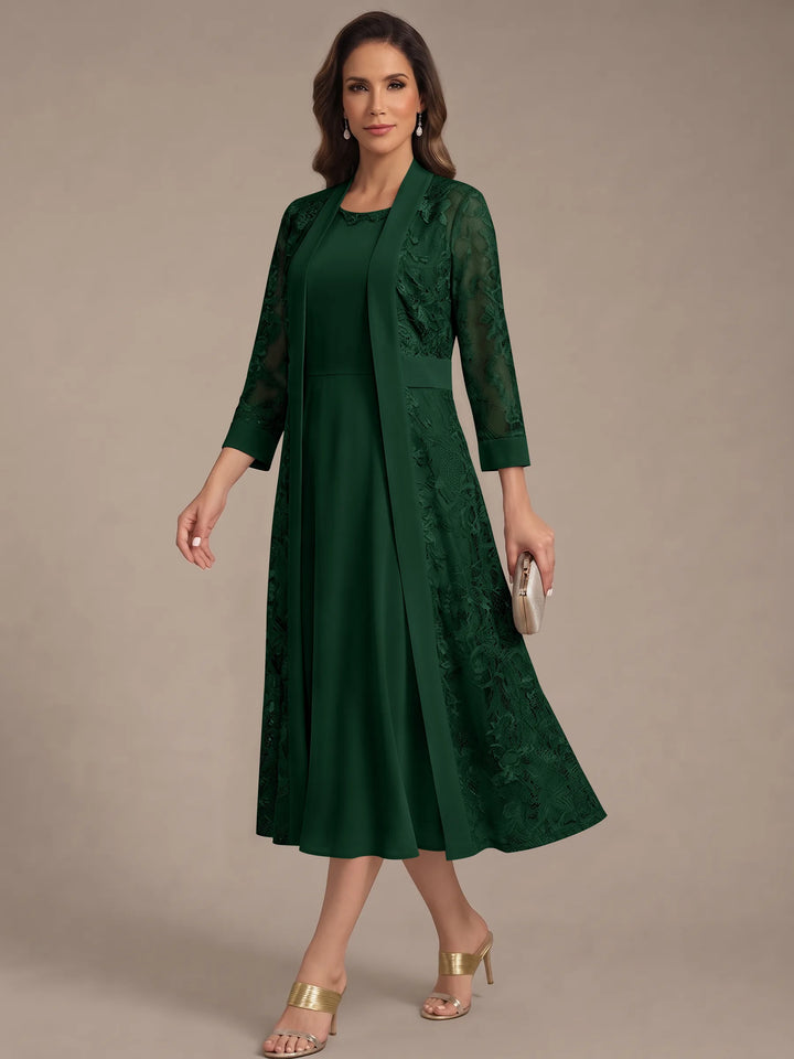 Robe Mère de la Mariée, Forme A/Princesse, Col Rond, Mousseline, avec Veste en Dentelle, Manches 3/4, Longueur du Thé