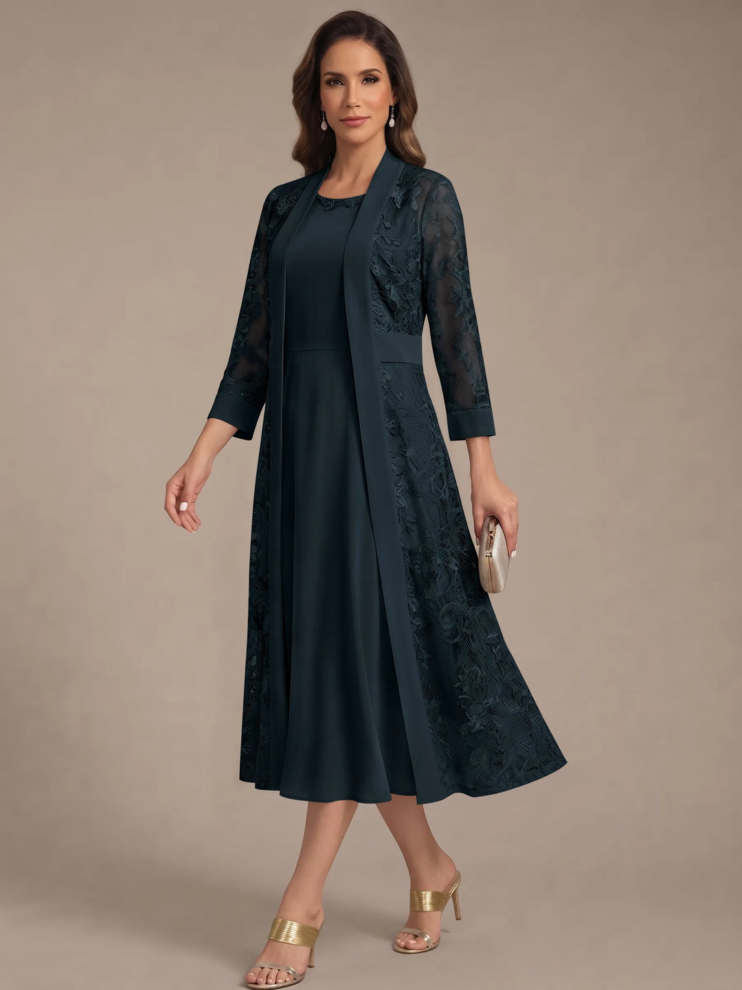 Robe Mère de la Mariée, Forme A/Princesse, Col Rond, Mousseline, avec Veste en Dentelle, Manches 3/4, Longueur du Thé