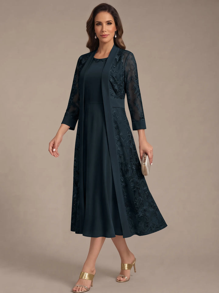 Robe Mère de la Mariée, Forme A/Princesse, Col Rond, Mousseline, avec Veste en Dentelle, Manches 3/4, Longueur du Thé