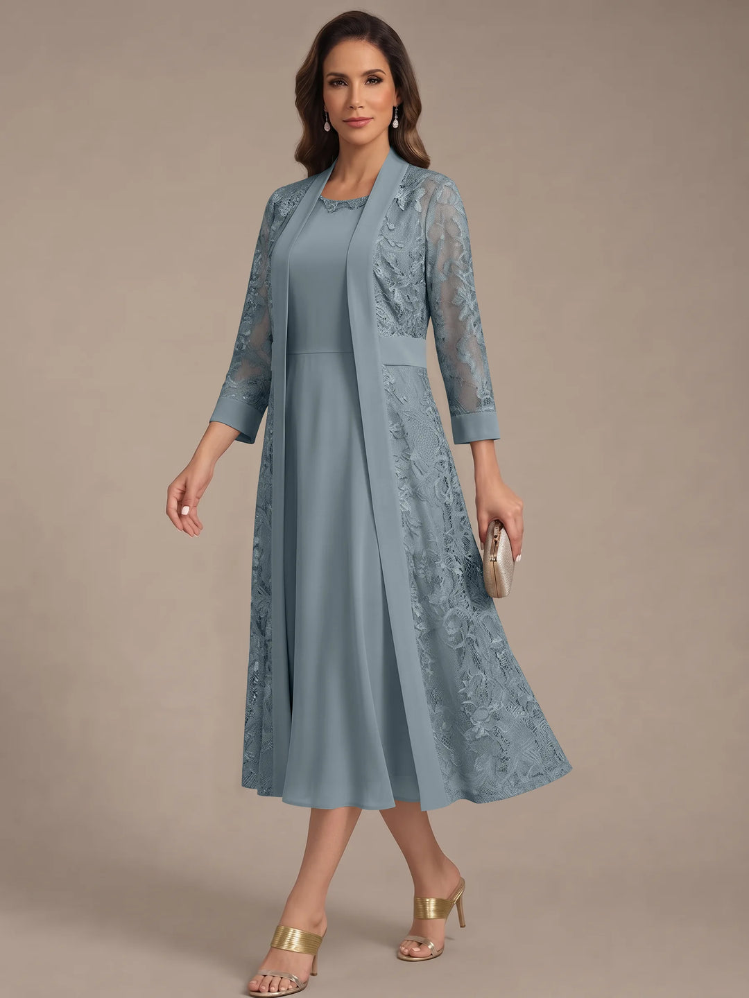 Robe Mère de la Mariée, Forme A/Princesse, Col Rond, Mousseline, avec Veste en Dentelle, Manches 3/4, Longueur du Thé