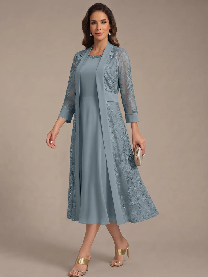 Robe Mère de la Mariée, Forme A/Princesse, Col Rond, Mousseline, avec Veste en Dentelle, Manches 3/4, Longueur du Thé