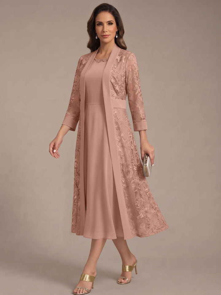 Robe Mère de la Mariée, Forme A/Princesse, Col Rond, Mousseline, avec Veste en Dentelle, Manches 3/4, Longueur du Thé