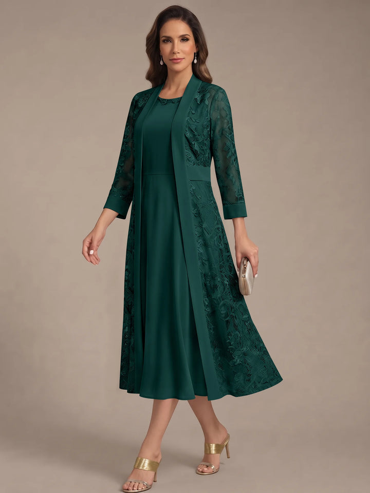 Robe Mère de la Mariée, Forme A/Princesse, Col Rond, Mousseline, avec Veste en Dentelle, Manches 3/4, Longueur du Thé