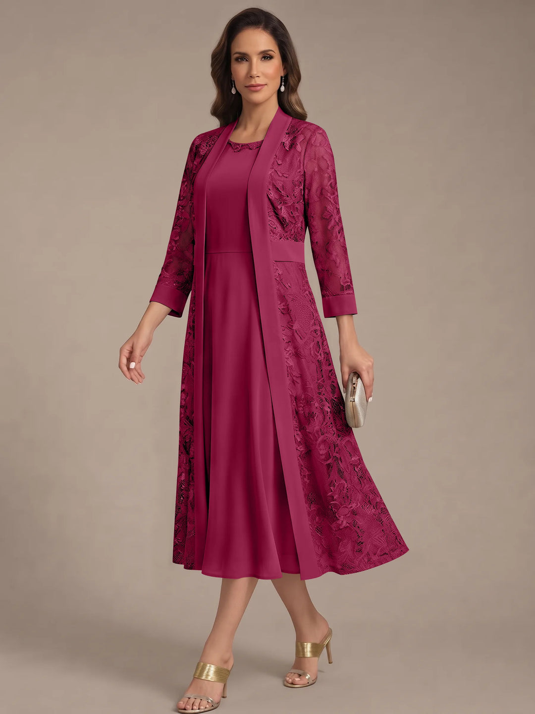 Robe Mère de la Mariée, Forme A/Princesse, Col Rond, Mousseline, avec Veste en Dentelle, Manches 3/4, Longueur du Thé