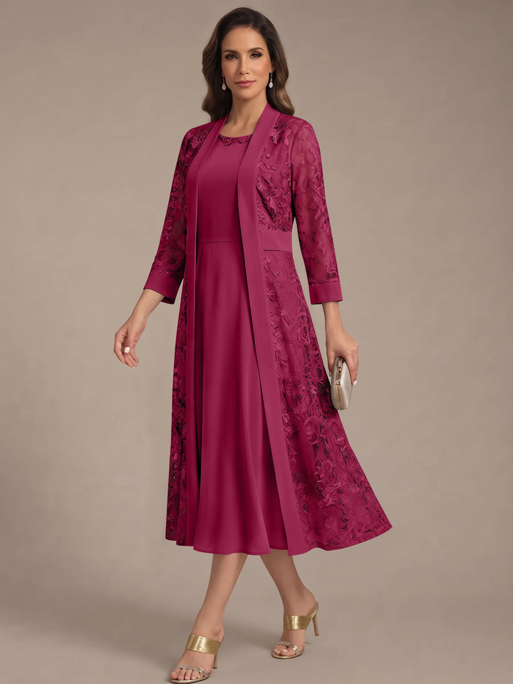 Robe Mère de la Mariée, Forme A/Princesse, Col Rond, Mousseline, avec Veste en Dentelle, Manches 3/4, Longueur du Thé