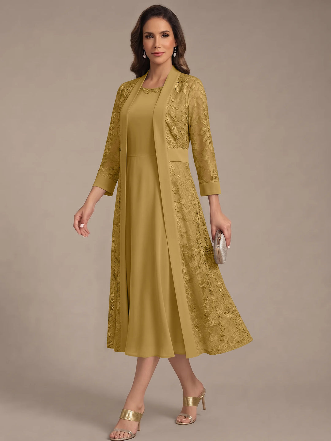 Robe Mère de la Mariée, Forme A/Princesse, Col Rond, Mousseline, avec Veste en Dentelle, Manches 3/4, Longueur du Thé