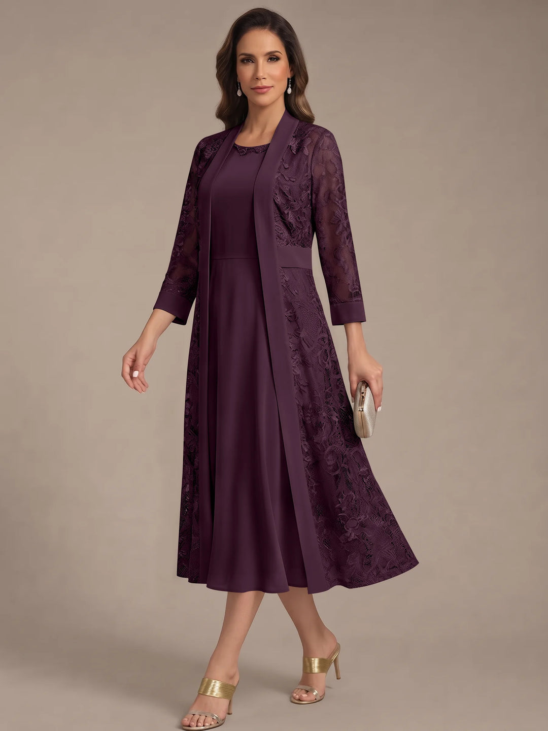 Robe Mère de la Mariée, Forme A/Princesse, Col Rond, Mousseline, avec Veste en Dentelle, Manches 3/4, Longueur du Thé