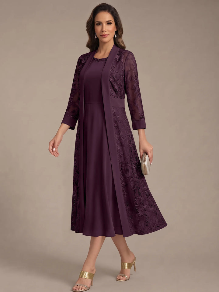 Robe Mère de la Mariée, Forme A/Princesse, Col Rond, Mousseline, avec Veste en Dentelle, Manches 3/4, Longueur du Thé