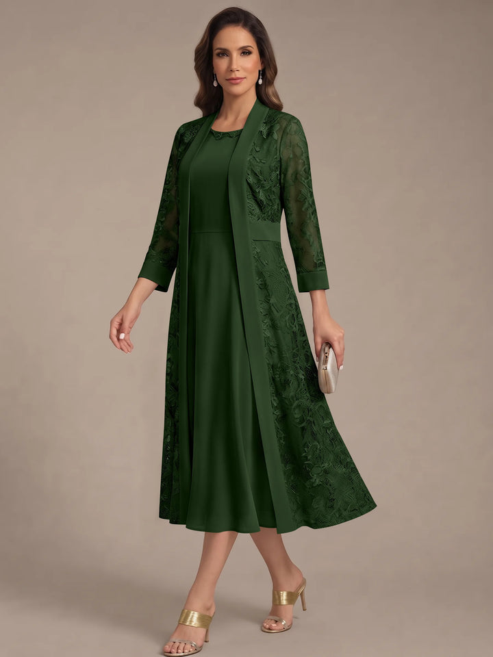 Robe Mère de la Mariée, Forme A/Princesse, Col Rond, Mousseline, avec Veste en Dentelle, Manches 3/4, Longueur du Thé