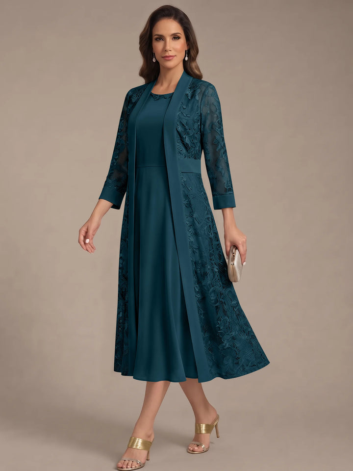 Robe Mère de la Mariée, Forme A/Princesse, Col Rond, Mousseline, avec Veste en Dentelle, Manches 3/4, Longueur du Thé