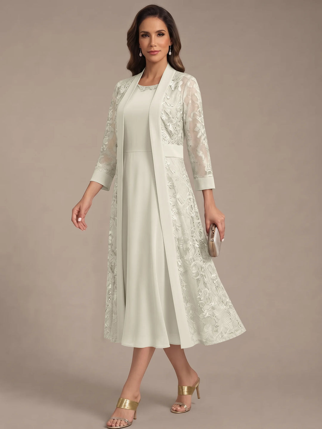 Robe Mère de la Mariée, Forme A/Princesse, Col Rond, Mousseline, avec Veste en Dentelle, Manches 3/4, Longueur du Thé