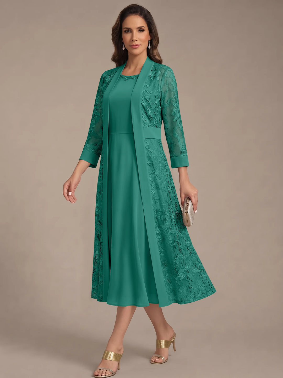 Robe Mère de la Mariée, Forme A/Princesse, Col Rond, Mousseline, avec Veste en Dentelle, Manches 3/4, Longueur du Thé