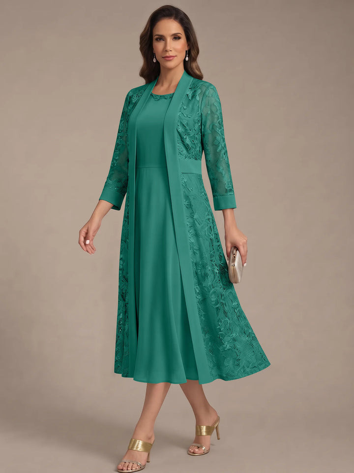 Robe Mère de la Mariée, Forme A/Princesse, Col Rond, Mousseline, avec Veste en Dentelle, Manches 3/4, Longueur du Thé