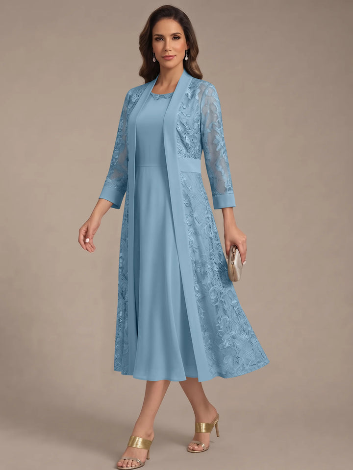Robe Mère de la Mariée, Forme A/Princesse, Col Rond, Mousseline, avec Veste en Dentelle, Manches 3/4, Longueur du Thé