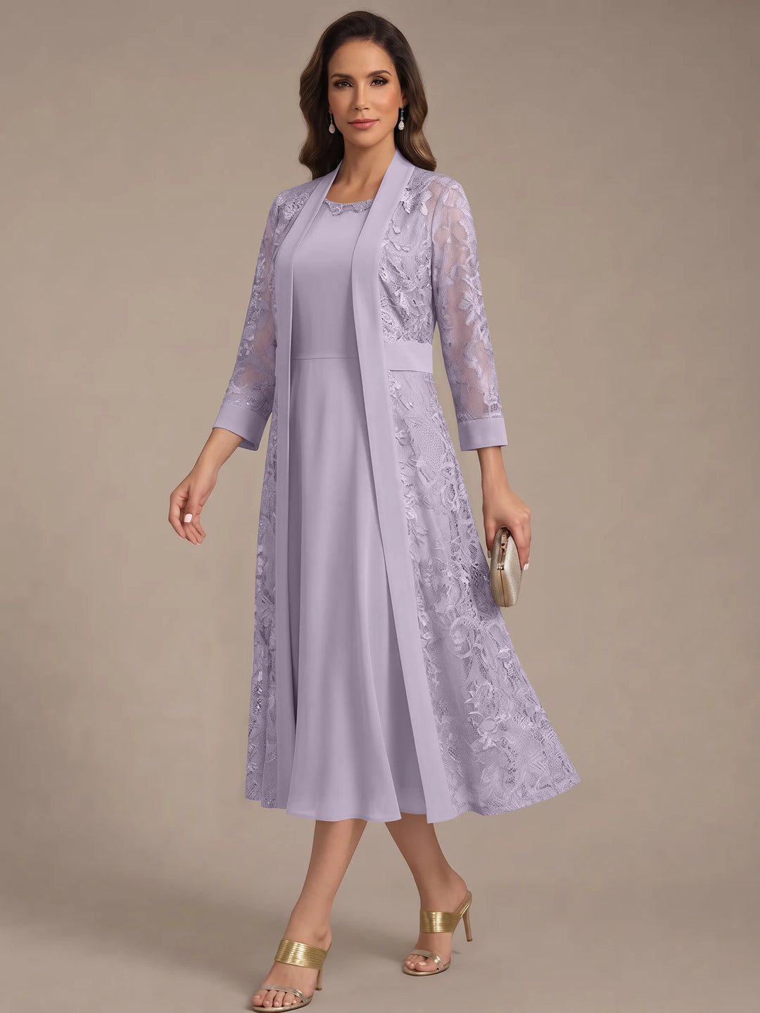 Robe Mère de la Mariée, Forme A/Princesse, Col Rond, Mousseline, avec Veste en Dentelle, Manches 3/4, Longueur du Thé