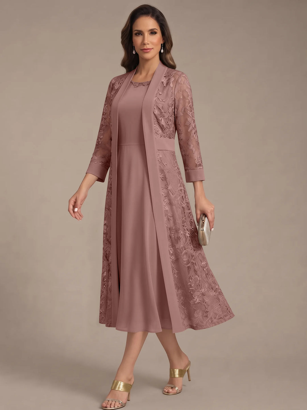 Robe Mère de la Mariée, Forme A/Princesse, Col Rond, Mousseline, avec Veste en Dentelle, Manches 3/4, Longueur du Thé